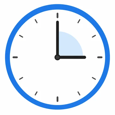 A clock with one hand up and one hand to the right, forming a square corner angle.