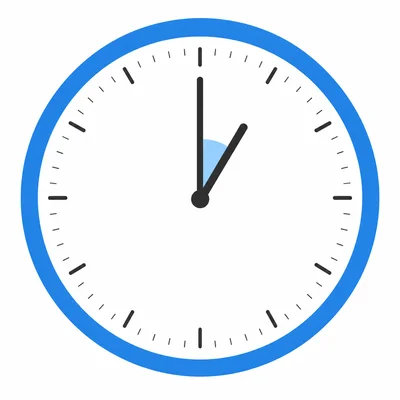 A clock with one hand up and the other up to the right, forming a small angle.
