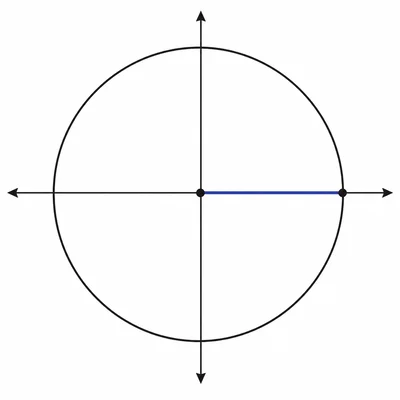 Unit circle with radius pointing right to the point for zero degrees.