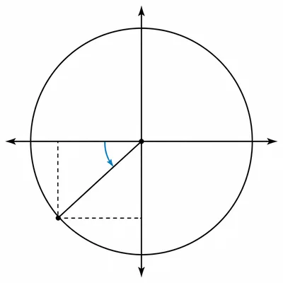Third-quadrant unit circle radius with a reference angle shown to the horizontal axis.