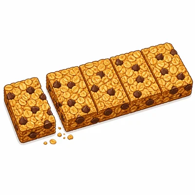 A granola bar divided into six equal sections with one section broken off.