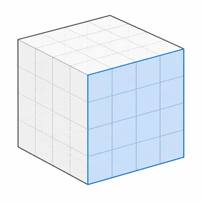 A cube with one side highlighted and faint unit cubes inside.