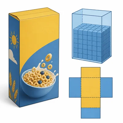 A tall cereal-box-shaped rectangular prism showing volume and surface area.