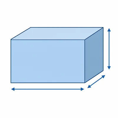 A rectangular prism with arrows showing length, width, and height.