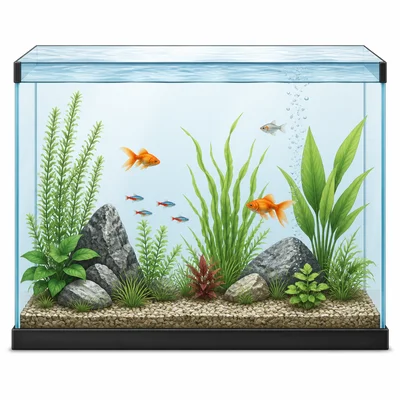 A rectangular fish tank filled to the top with water.