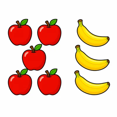 Five apples and three bananas in separate groups.