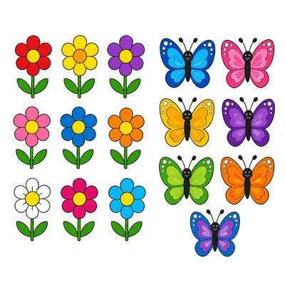 Nine flowers and seven butterflies.