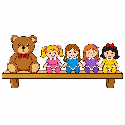 One teddy bear and four dolls on a shelf.