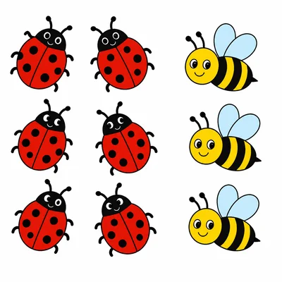 Six ladybugs and three bees.