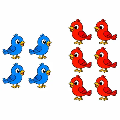 Four blue birds and six red birds.