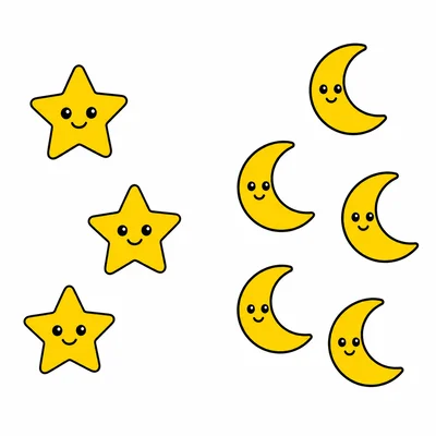 Three stars and five moons in separate groups.