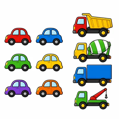 Six toy cars and four toy trucks in separate groups.