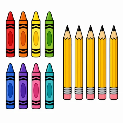 Eight crayons and five pencils.