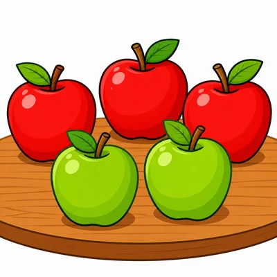 Three red apples and two green apples.