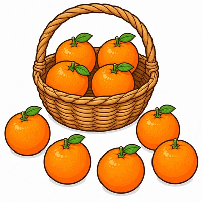 Four oranges in a basket and five oranges outside.