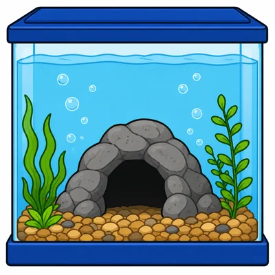 An empty-looking fish tank with fish hidden in a cave.