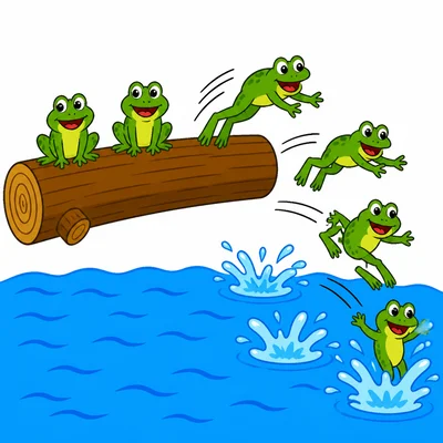 Two frogs on a log and four frogs jumping off.