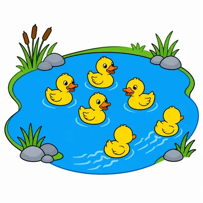Six ducks in a pond, with two swimming away.
