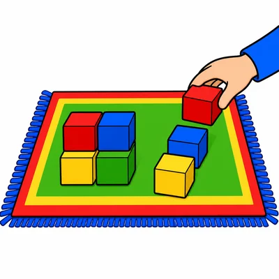 Four blocks on a rug with three more blocks added.