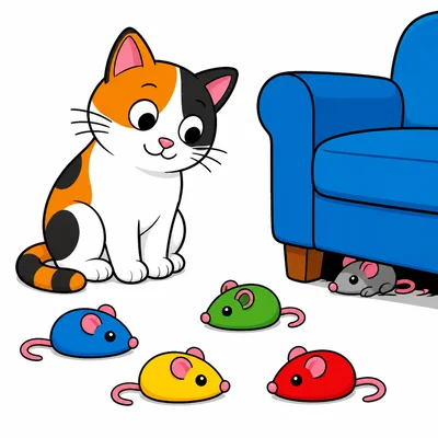 A cat with four toy mice nearby and one hidden toy mouse.