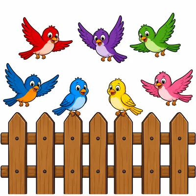 Two birds on a fence and five more birds landing.