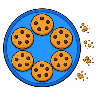Six cookies on a plate with four crumb piles nearby.