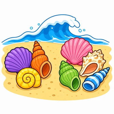 Three shells and four more shells on sand.