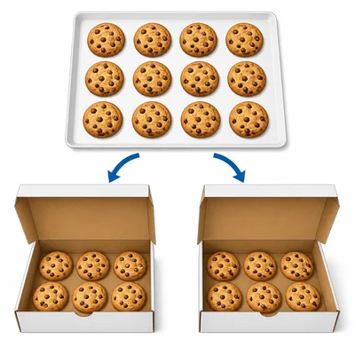 Cookies being packed equally into bakery boxes.