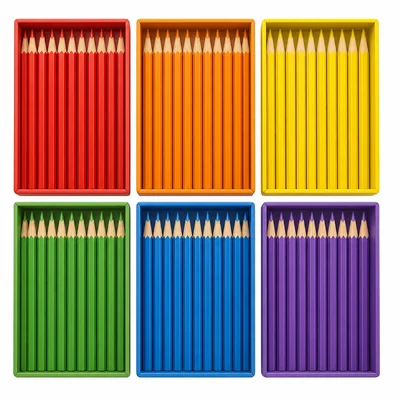 Six equal boxes filled with pencils.