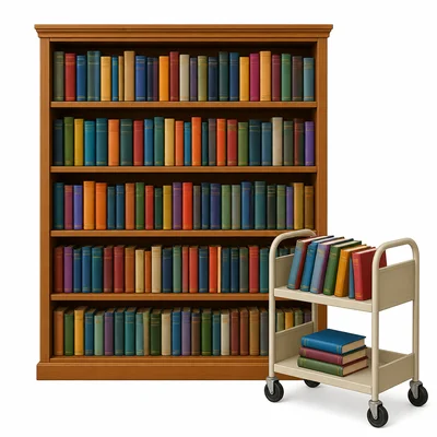 A library bookcase with five full shelves and some books checked out on a cart.