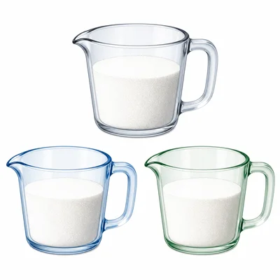 Three measuring cups each filled three-quarters with sugar.