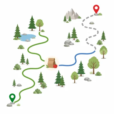 Hiking trail with completed sections before and after lunch and a remaining section.