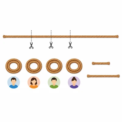 String with two used pieces removed and the rest divided among four friends.
