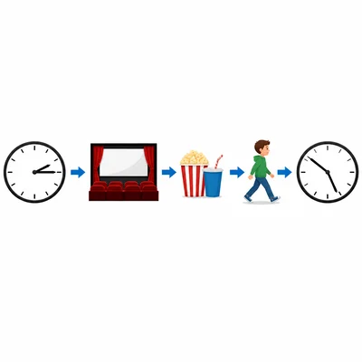 Elapsed-time timeline from movie start through snack and walk home to the final clock.