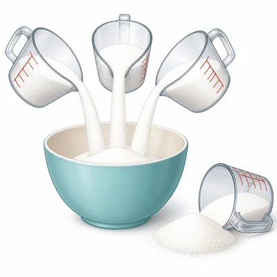 Three partly filled sugar cups pour into a bowl with a small spill.