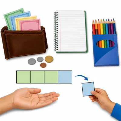 Money, school supplies, and a four-part bar with one part given away.