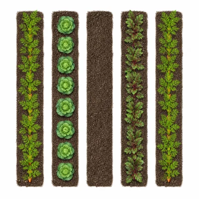Garden with five equal rows, two planted with carrots.