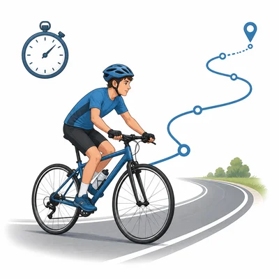 Cyclist riding on a road with a stopwatch symbol.