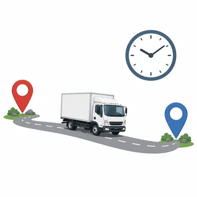 Delivery truck traveling between two markers with a clock symbol.