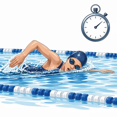 Swimmer in a pool with a stopwatch symbol.