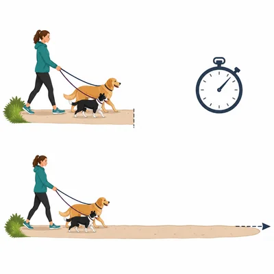 Dog walker on a path that continues farther with a stopwatch symbol.