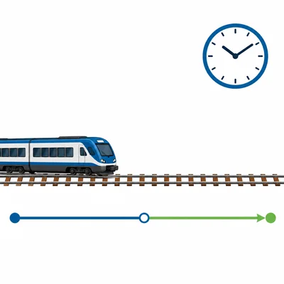 Train route shown in two connected segments with a clock symbol.