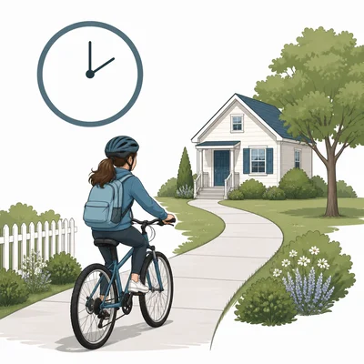 Girl biking toward a house with a plain clock symbol.