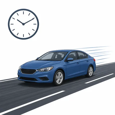 Car traveling on a road with a clock symbol.