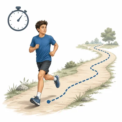 Runner jogging with a stopwatch symbol.
