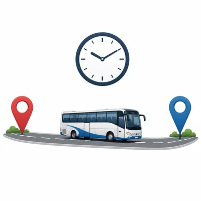 Bus traveling between two location markers with a clock symbol.