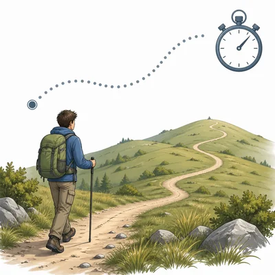 Hiker walking on a trail with a stopwatch symbol.