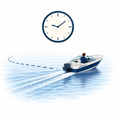 Boat moving across water with a clock symbol.