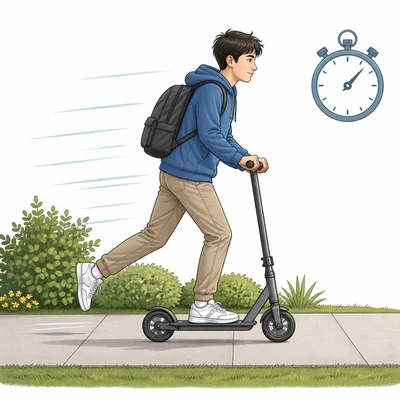 Student riding a scooter with a stopwatch symbol.
