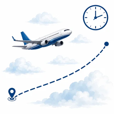 Airplane flying with a route line and clock symbol.